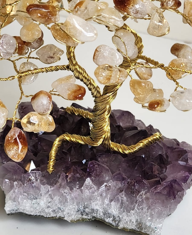 Árvore grande de citrino na base de ametista 25cm