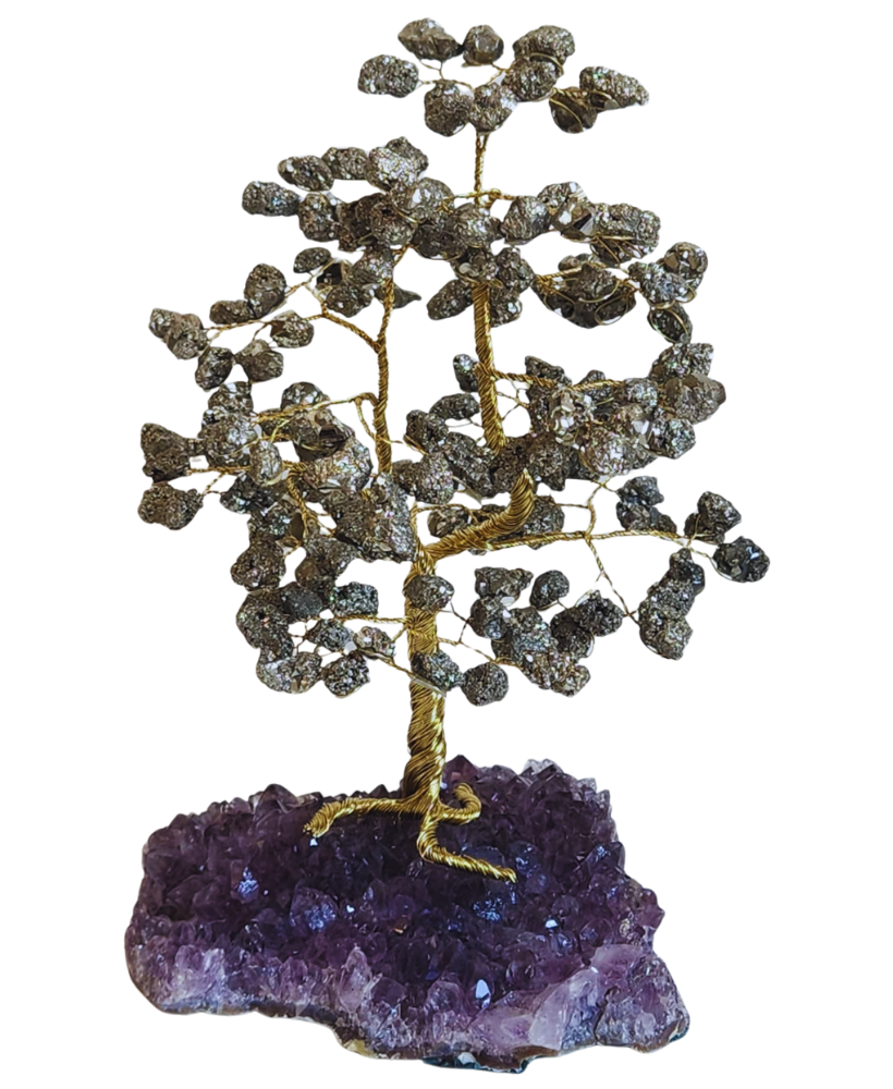 Árvore grande de pirita na base de ametista 25cm