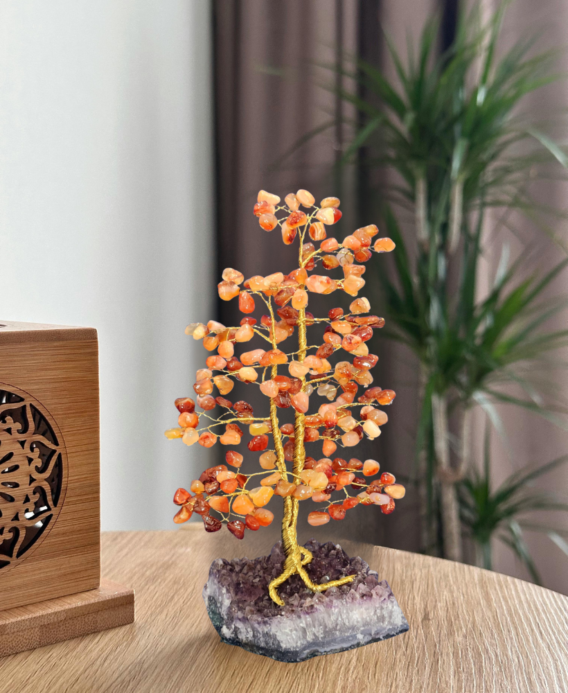 Árvore grande de Ágata cornalina na base de ametista 30cm