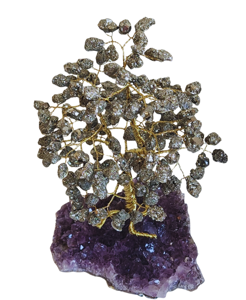 Árvore grande de pirita na base de ametista 25cm