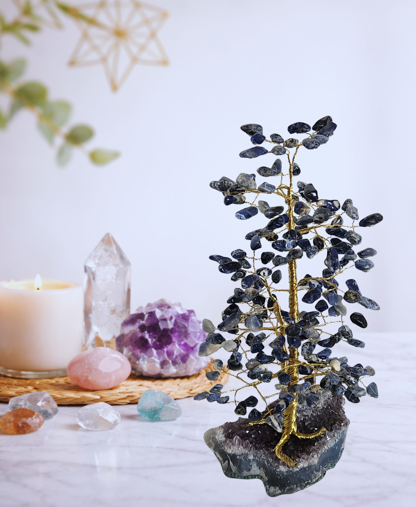 Árvore grande de sodalita na base de ametista 30cm