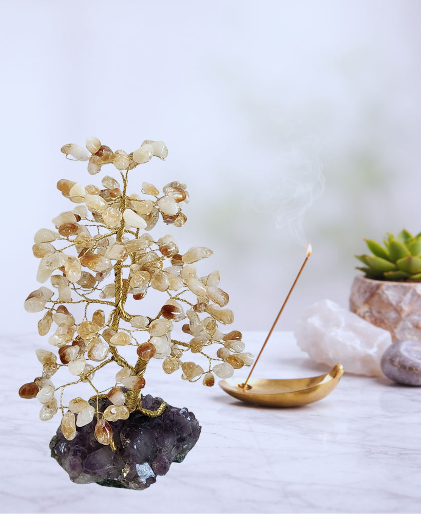 Árvore grande de citrino na base de ametista 25cm