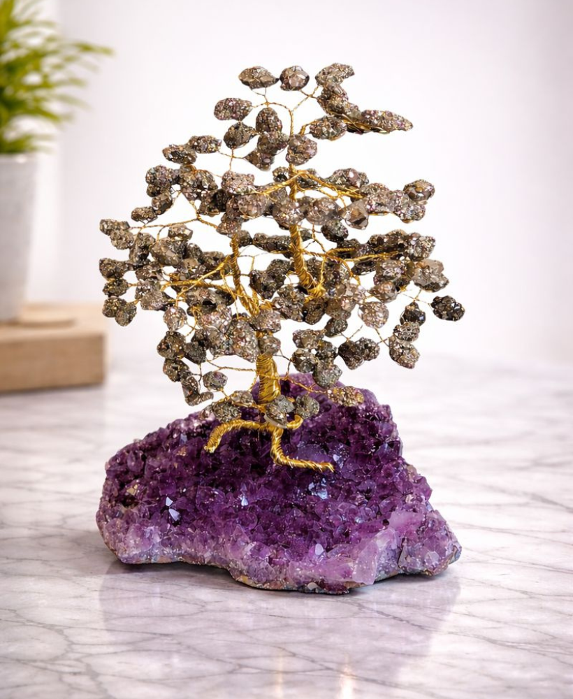 Árvore grande de pirita na base de ametista 25cm