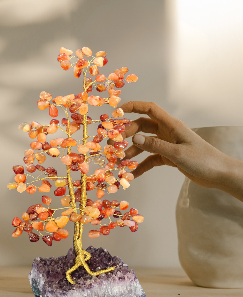 Árvore grande de Ágata cornalina na base de ametista 30cm