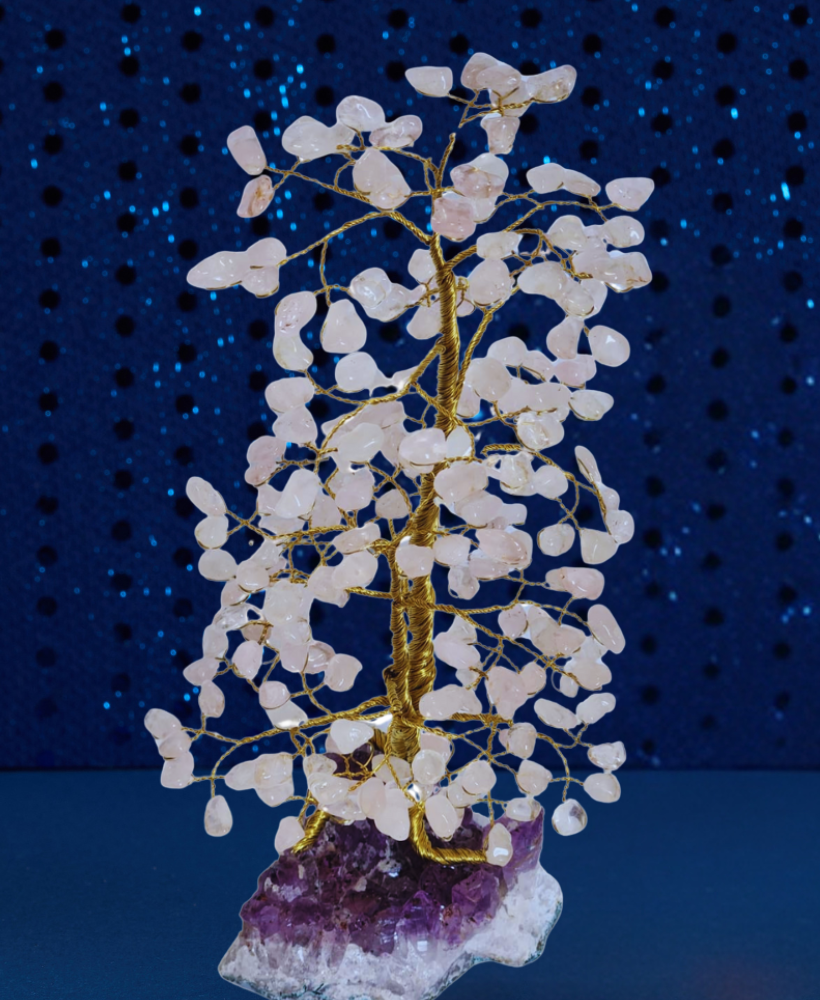 Árvore grande de quartzo rosa na base de ametista 30cm